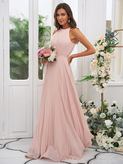 A-Line/Princess Chiffon Ruffles Halter Sleeveless Floor-Length Bridesmaid Dresses