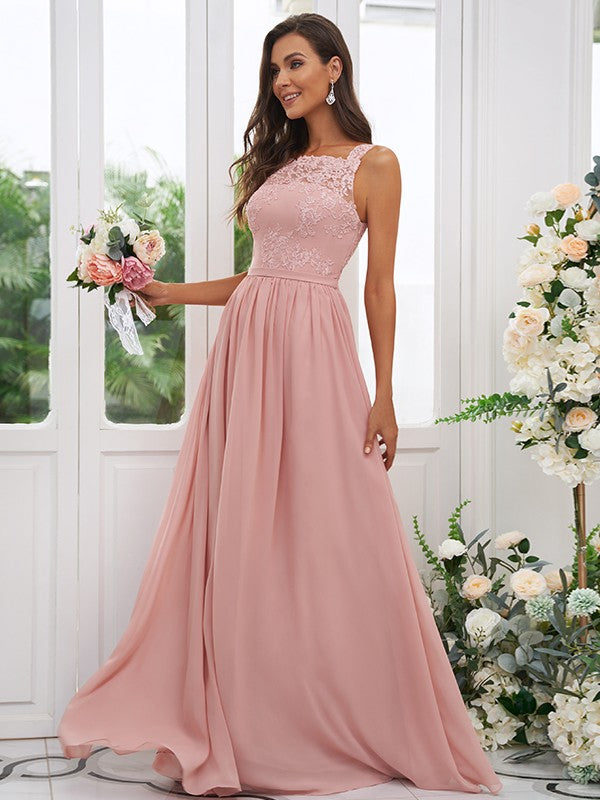 A-Line/Princess Chiffon Applique Square Sleeveless Floor-Length Bridesmaid Dresses