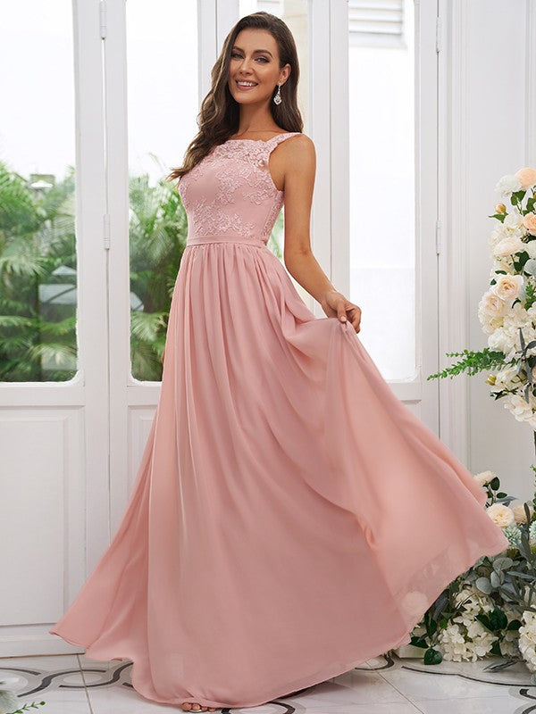 A-Line/Princess Chiffon Applique Square Sleeveless Floor-Length Bridesmaid Dresses