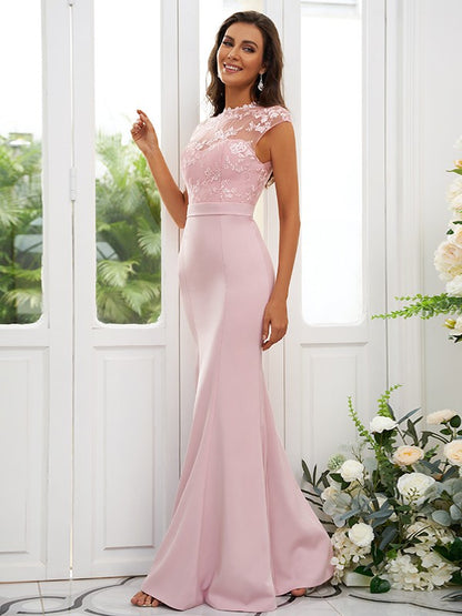 Trumpet/Mermaid Stretch Crepe Applique High Neck Sleeveless Floor-Length Bridesmaid Dresses