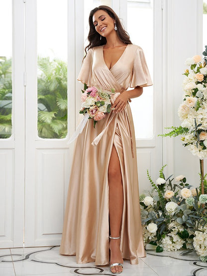 A-Line/Princess Silk like Satin Sash/Ribbon/Belt V-neck Short Sleeves Floor-Length Bridesmaid Dresses