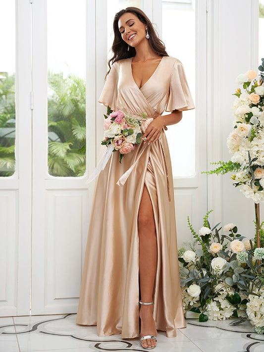 A-Line/Princess Silk like Satin Sash/Ribbon/Belt V-neck Short Sleeves Floor-Length Bridesmaid Dresses