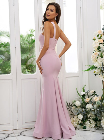 Sheath/Column Stretch Crepe Ruffles One-Shoulder Sleeveless Floor-Length Bridesmaid Dresses