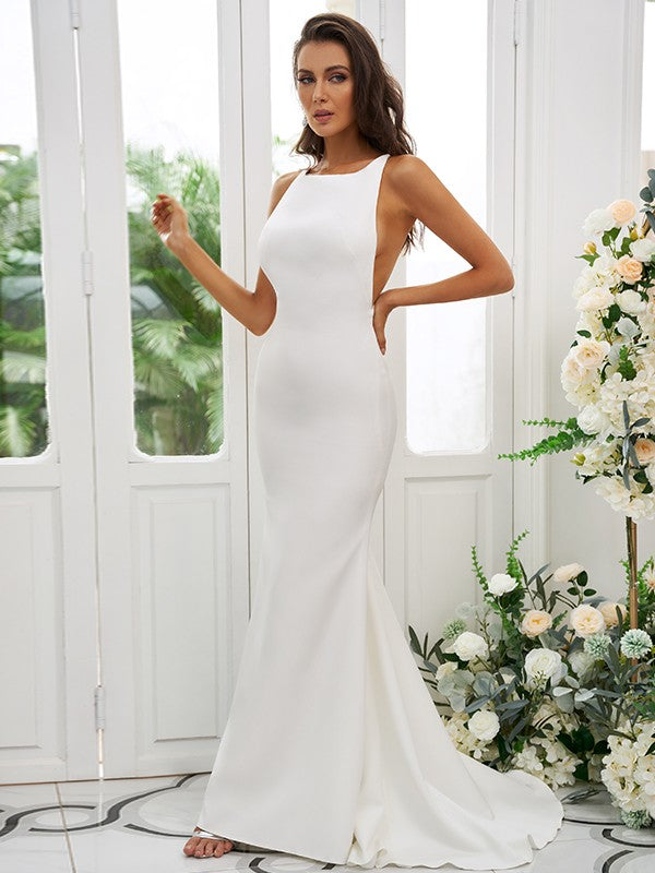 Sheath/Column Stretch Crepe Ruffles Square Sleeveless Sweep/Brush Train Bridesmaid Dresses