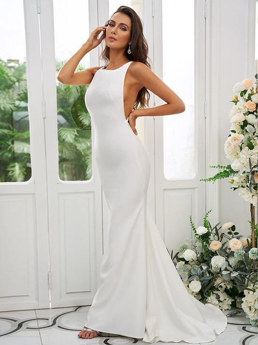 Sheath/Column Stretch Crepe Ruffles Square Sleeveless Sweep/Brush Train Bridesmaid Dresses