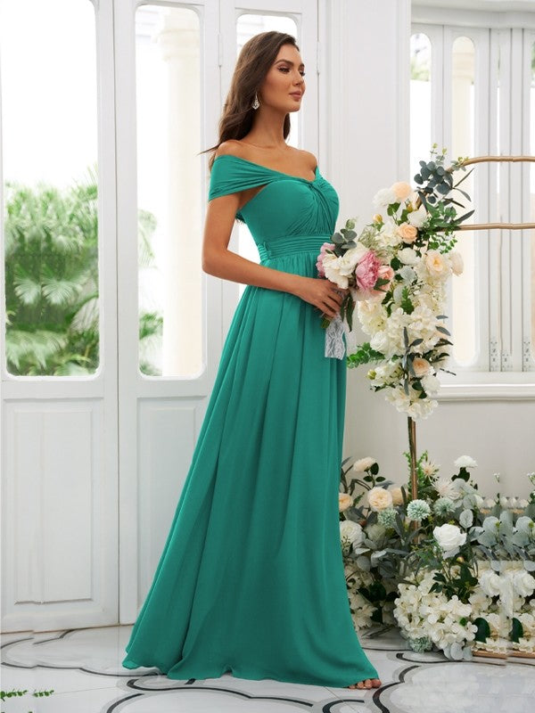 A-Line/Princess Chiffon Ruched Off-the-Shoulder Sleeveless Floor-Length Bridesmaid Dresses