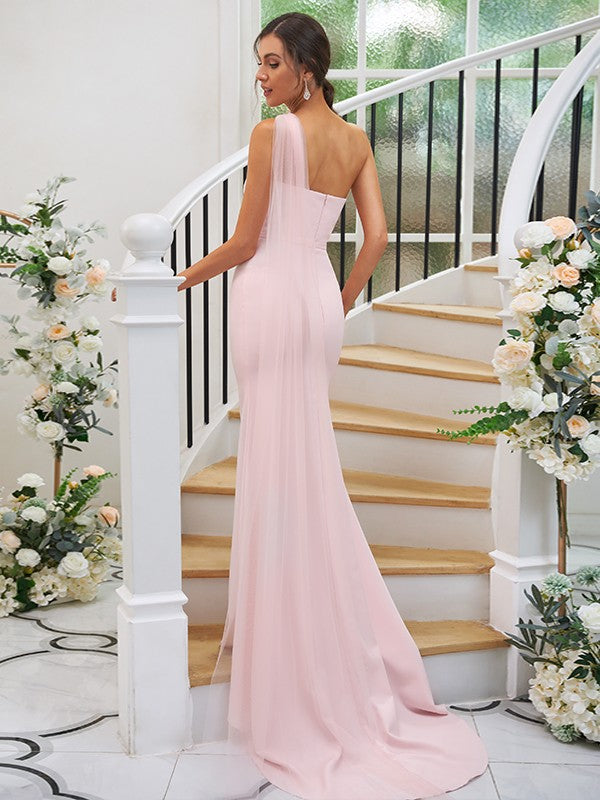 Sheath/Column Stretch Crepe Ruched One-Shoulder Sleeveless Sweep/Brush Train Bridesmaid Dresses