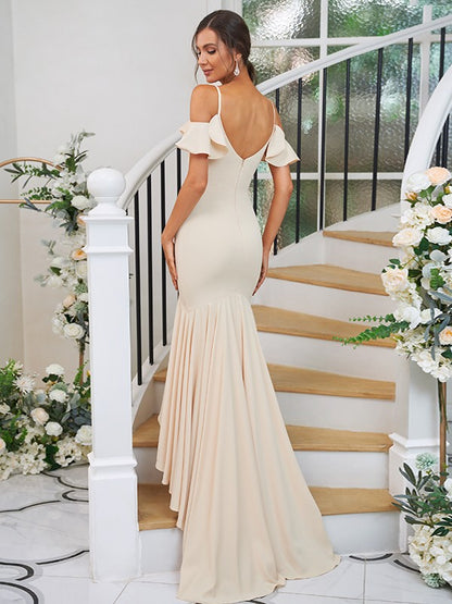 Trumpet/Mermaid Stretch Crepe Ruffles V-neck Sleeveless Asymmetrical Bridesmaid Dresses