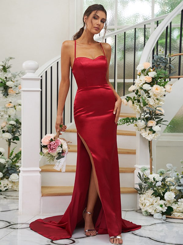 Sheath/Column  Woven Satin Ruched Square Sleeveless Sweep/Brush Train Bridesmaid Dresses