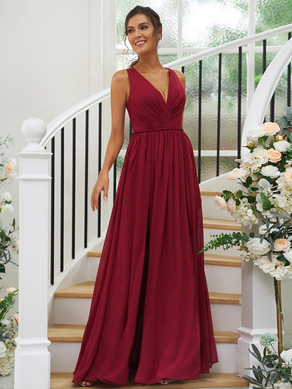 A-Line/Princess Chiffon Ruffles V-neck Sleeveless Floor-Length Bridesmaid Dresses