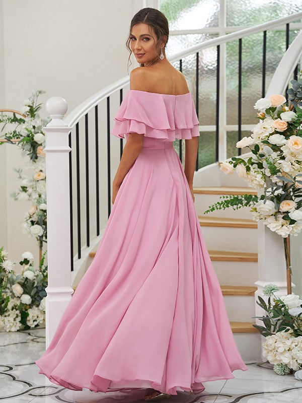 A-Line/Princess Chiffon Ruffles Off-the-Shoulder Sleeveless Floor-Length Bridesmaid Dresses