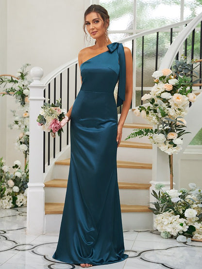 Sheath/Column Silk like Satin Bowknot One-Shoulder Sleeveless Floor-Length Bridesmaid Dresses