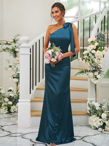 Sheath/Column Silk like Satin Bowknot One-Shoulder Sleeveless Floor-Length Bridesmaid Dresses