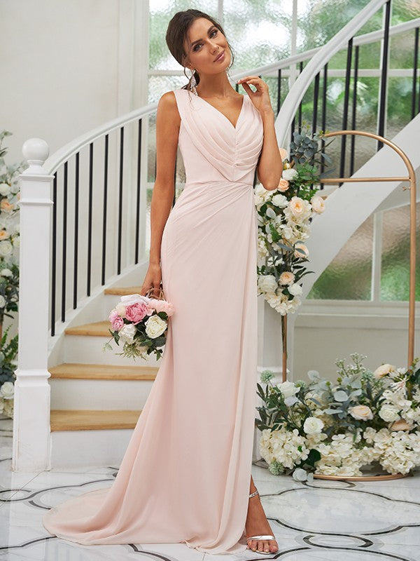 A-Line/Princess Chiffon Ruched V-neck Sleeveless Sweep/Brush Train Bridesmaid Dresses