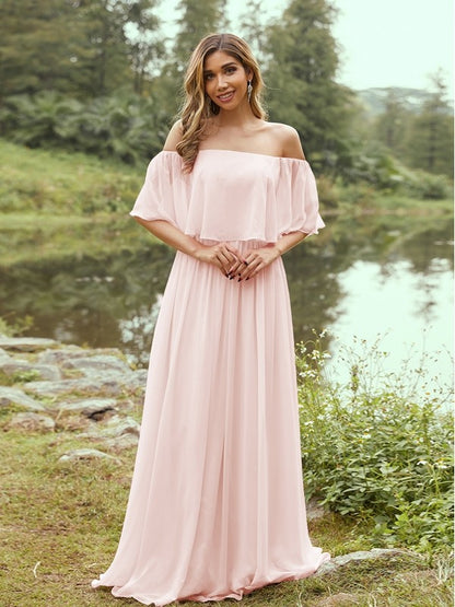 A-Line/Princess Chiffon Ruffles Off-the-Shoulder Short Sleeves Sweep/Brush Train Bridesmaid Dresses