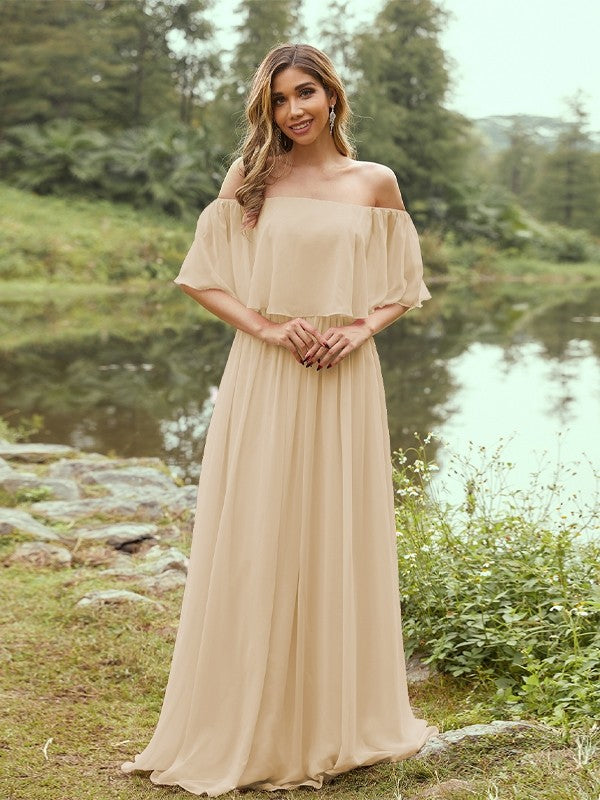 A-Line/Princess Chiffon Ruffles Off-the-Shoulder Short Sleeves Sweep/Brush Train Bridesmaid Dresses