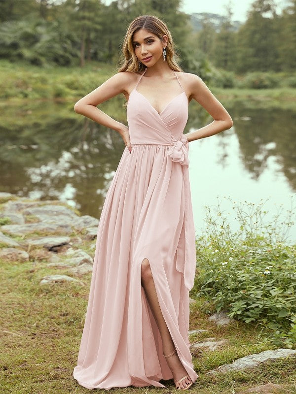 A-Line/Princess Chiffon Ruffles V-neck Sleeveless Sweep/Brush Train Bridesmaid Dresses