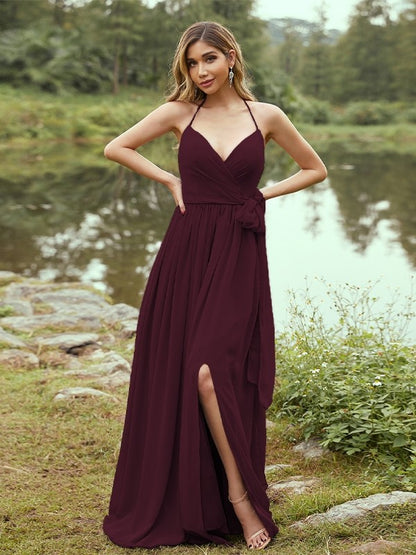 A-Line/Princess Chiffon Ruffles V-neck Sleeveless Sweep/Brush Train Bridesmaid Dresses