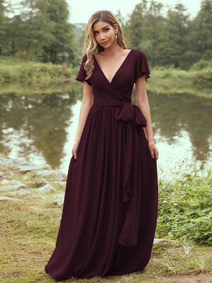 A-Line/Princess Chiffon Ruffles V-neck Short Sleeves Floor-Length Bridesmaid Dresses