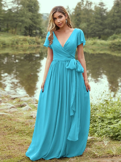 A-Line/Princess Chiffon Ruffles V-neck Short Sleeves Floor-Length Bridesmaid Dresses