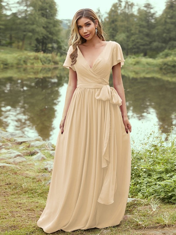 A-Line/Princess Chiffon Ruffles V-neck Short Sleeves Floor-Length Bridesmaid Dresses