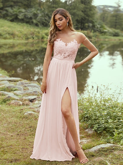 A-Line/Princess Chiffon Applique Scoop Short Sleeves Floor-Length Bridesmaid Dresses