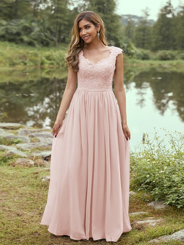 A-Line/Princess Chiffon Applique Sweetheart Sleeveless Floor-Length Bridesmaid Dresses