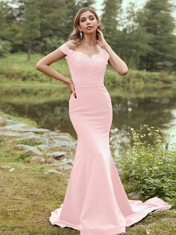 Sheath/Column Stretch Crepe Applique Off-the-Shoulder Sleeveless Sweep/Brush Train Bridesmaid Dresses