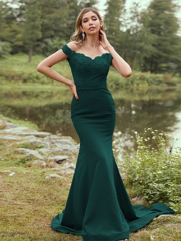 Sheath/Column Stretch Crepe Applique Off-the-Shoulder Sleeveless Sweep/Brush Train Bridesmaid Dresses