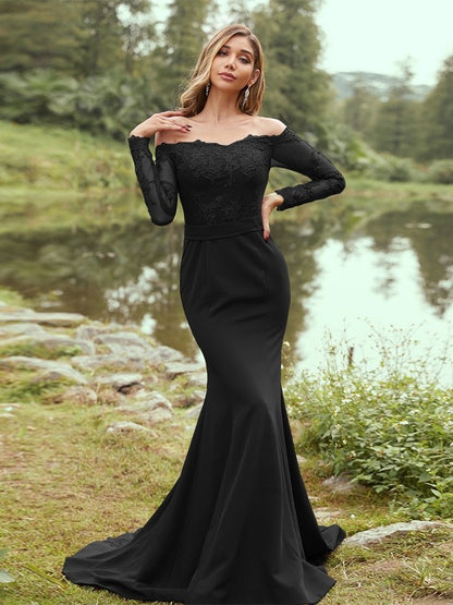 Sheath/Column Stretch Crepe Applique Off-the-Shoulder Long Sleeves Sweep/Brush Train Bridesmaid Dresses