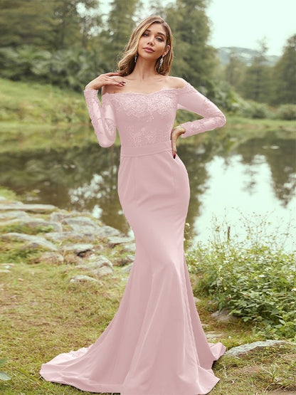 Sheath/Column Stretch Crepe Applique Off-the-Shoulder Long Sleeves Sweep/Brush Train Bridesmaid Dresses