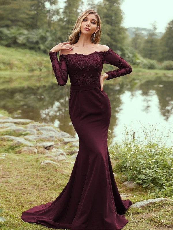 Sheath/Column Stretch Crepe Applique Off-the-Shoulder Long Sleeves Sweep/Brush Train Bridesmaid Dresses