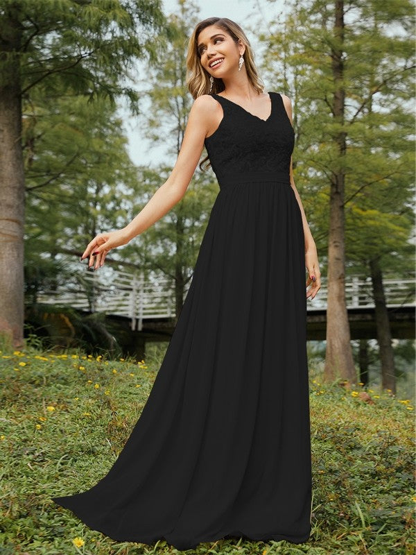 A-Line/Princess Chiffon Lace V-neck Sleeveless Floor-Length Bridesmaid Dresses