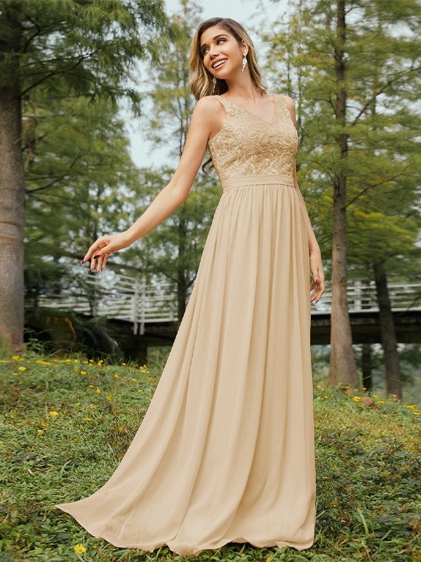 A-Line/Princess Chiffon Lace V-neck Sleeveless Floor-Length Bridesmaid Dresses