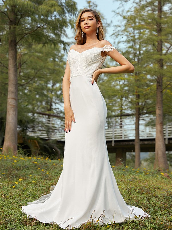 A-Line/Princess Stretch Crepe Off-the-Shoulder Sleeveless Sweep/Brush Train Bridesmaid Dresses