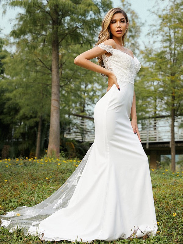 A-Line/Princess Stretch Crepe Off-the-Shoulder Sleeveless Sweep/Brush Train Bridesmaid Dresses