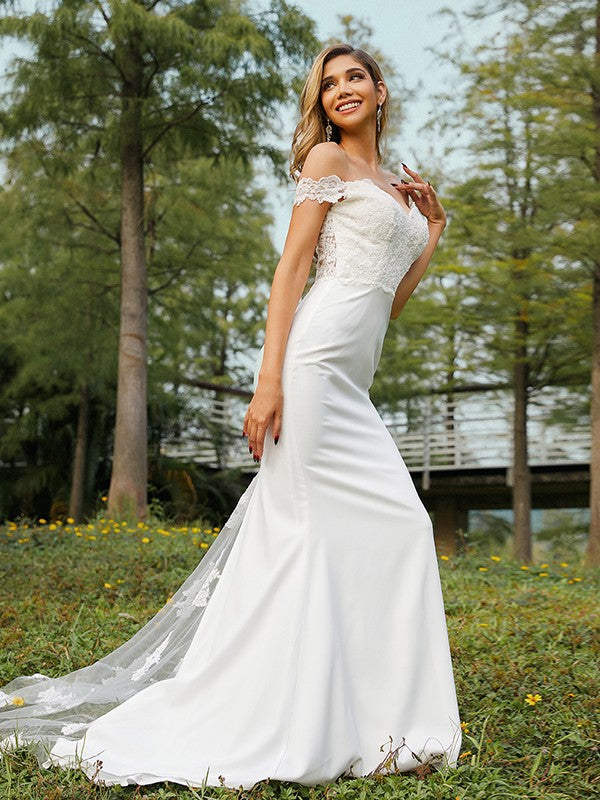 A-Line/Princess Stretch Crepe Off-the-Shoulder Sleeveless Sweep/Brush Train Bridesmaid Dresses