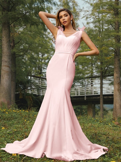 Trumpet/Mermaid Stretch Crepe Ruched V-neck Sleeveless Sweep/Brush Train Bridesmaid Dresses