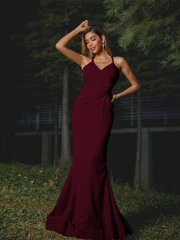 Sheath/Column Stretch Crepe Ruched V-neck Sleeveless Floor-Length Bridesmaid Dresses