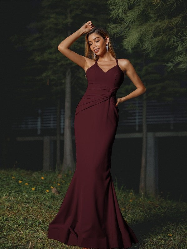 Sheath/Column Stretch Crepe Ruched V-neck Sleeveless Floor-Length Bridesmaid Dresses