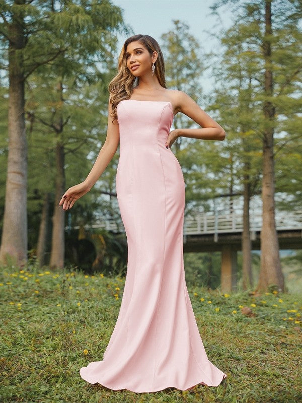 Sheath/Column Stretch Crepe Ruched Strapless Sleeveless Sweep/Brush Train Bridesmaid Dresses