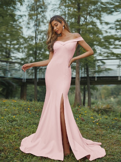 Sheath/Column Stretch Crepe Ruched Off-the-Shoulder Sleeveless Sweep/Brush Train Bridesmaid Dresses