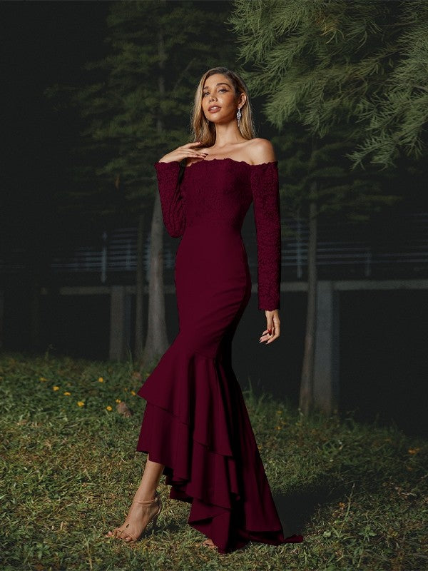 Trumpet/Mermaid Stretch Crepe Lace Off-the-Shoulder Long Sleeves Asymmetrical Bridesmaid Dresses