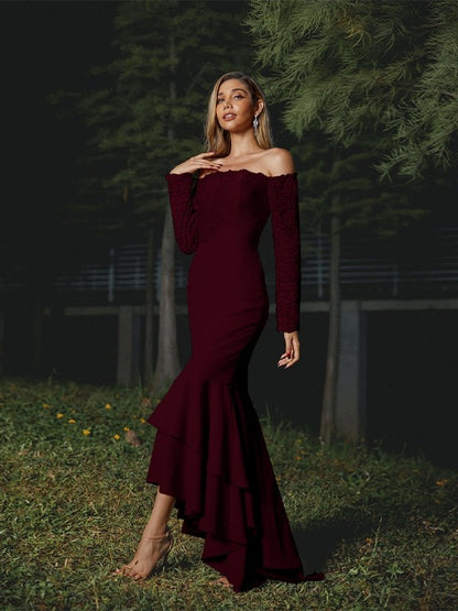 Trumpet/Mermaid Stretch Crepe Lace Off-the-Shoulder Long Sleeves Asymmetrical Bridesmaid Dresses