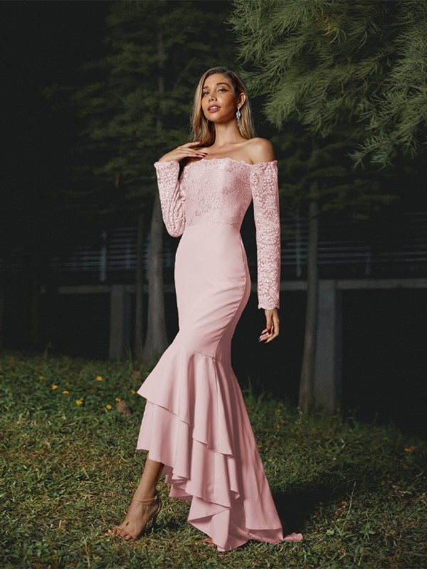 Trumpet/Mermaid Stretch Crepe Lace Off-the-Shoulder Long Sleeves Asymmetrical Bridesmaid Dresses