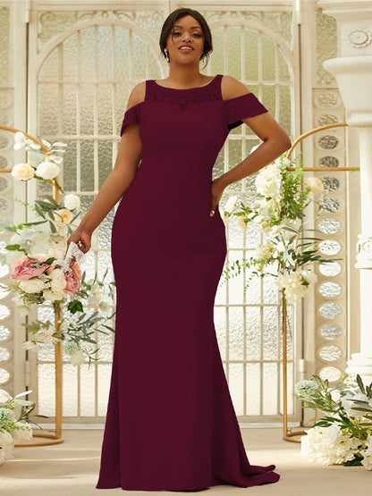 Sheath/Column Stretch Crepe Lace Scoop Sleeveless Sweep/Brush Train Bridesmaid Dresses