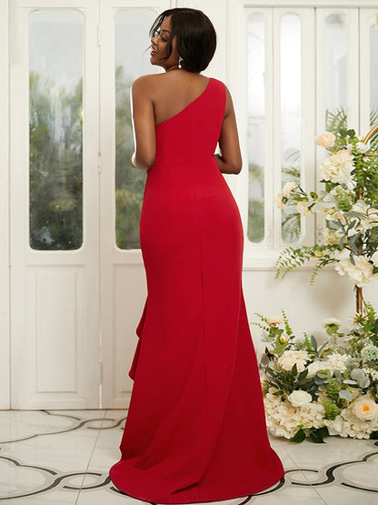 Sheath/Column Stretch Crepe Ruched One-Shoulder Sleeveless Sweep/Brush Train Bridesmaid Dresses