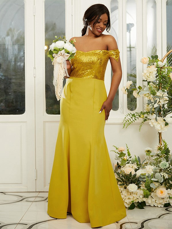 Sheath/Column Stretch Crepe Sequin Off-the-Shoulder Sleeveless Floor-Length Bridesmaid Dresses