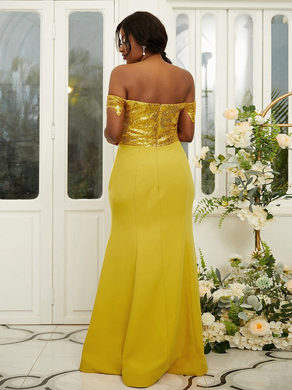 Sheath/Column Stretch Crepe Sequin Off-the-Shoulder Sleeveless Floor-Length Bridesmaid Dresses