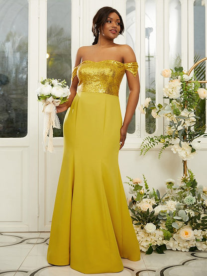 Sheath/Column Stretch Crepe Sequin Off-the-Shoulder Sleeveless Floor-Length Bridesmaid Dresses